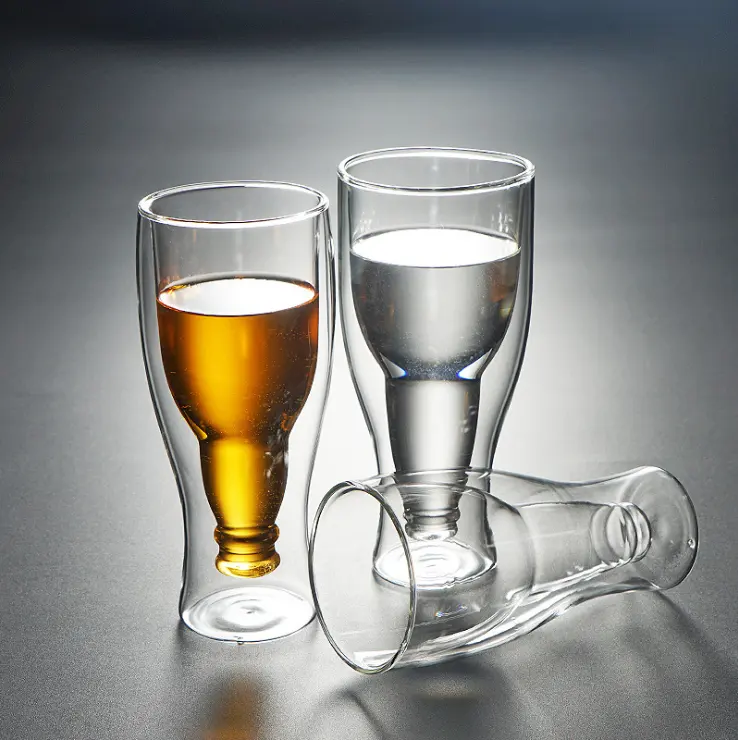 Wholesale Promotional Heat-proof Glass Upside Down Beer Bottle Style Double Walled Beer Glass Cup