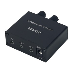 Caja divisora de audio con distribuidor de audio estéreo para 1 entrada, 2 salidas + cable de alimentación USB, 1 unidad