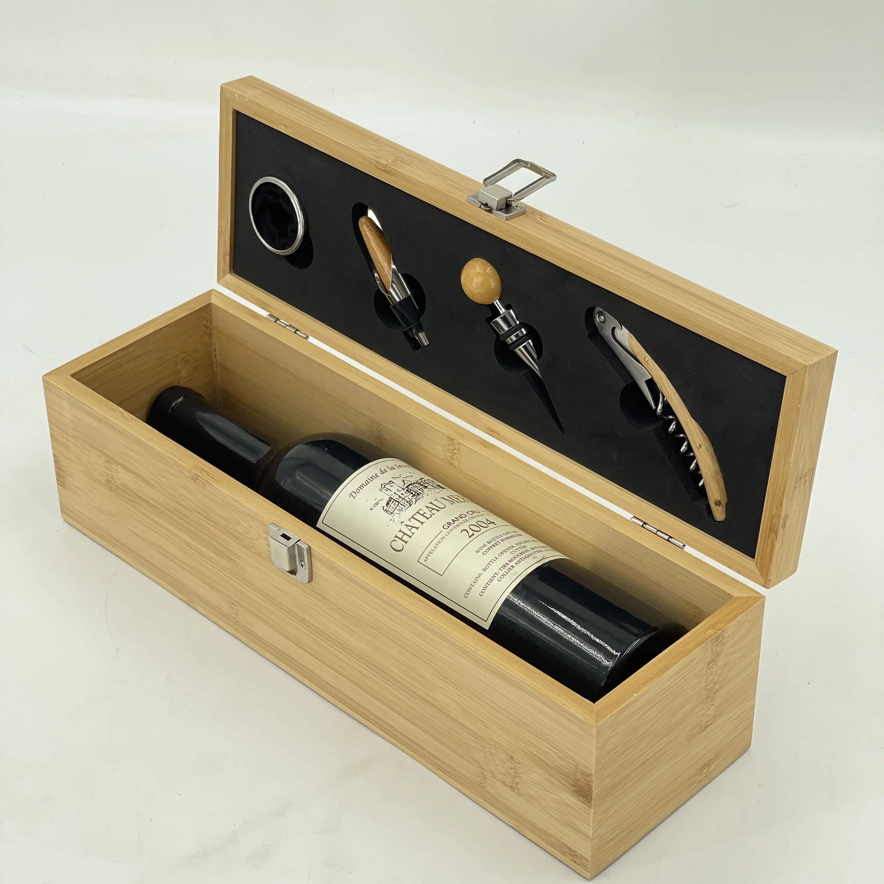 Caixa De Armazenamento De Vinho com Acessórios Bamboo Wine Gift Case com Ferramentas Set