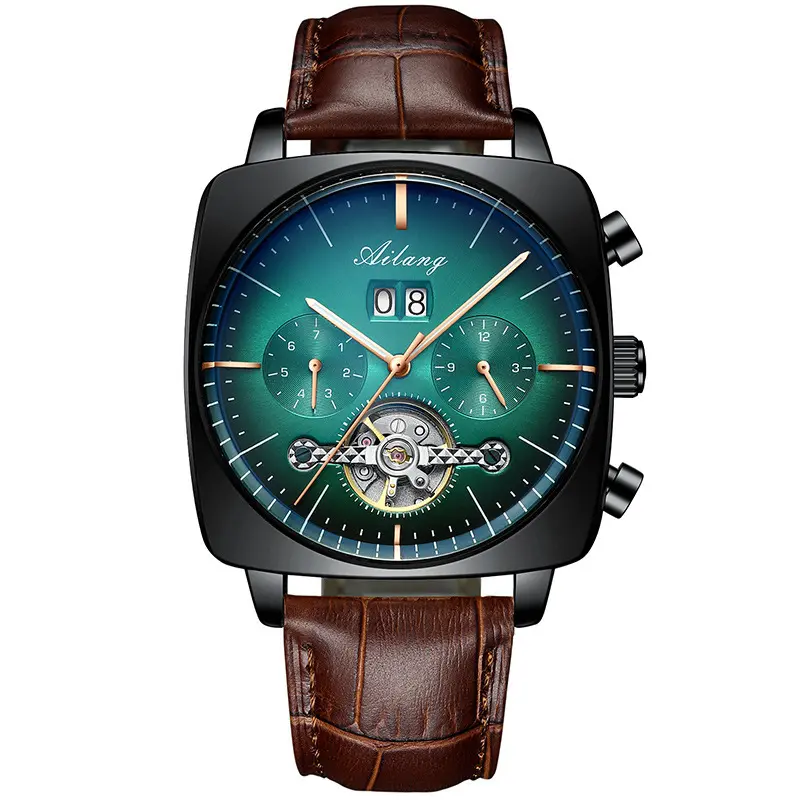 Ailang 8655 Boîtier carré Hommes Montres mécaniques de luxe Tourbillon Étanche Mans Montre automatique Cuir Boucle en acier inoxydable