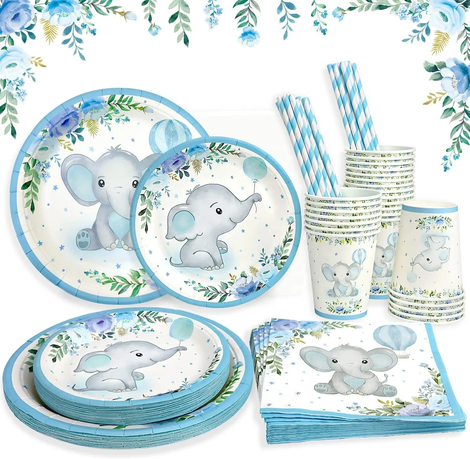 Boy Elephant Baby Shower piatti Set decorazioni 24 ospiti piatto di carta tovaglioli tazze e cannucce stoviglie usa e getta forniture