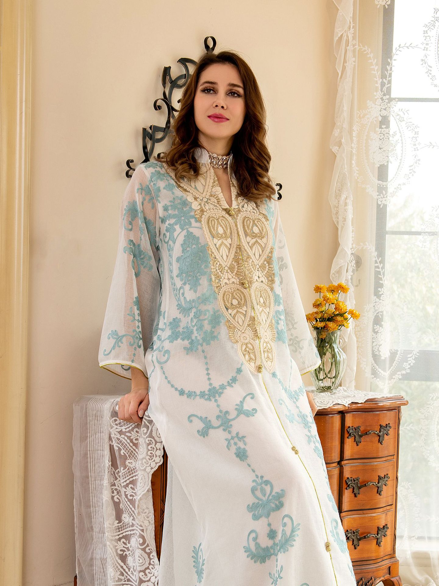 Dubai Arab Eid Al Fitr Middle East Gold Sequin Floral Embroidered Muslim Woman White Yarn Jalabiya Maxi Long Knee Length Dress