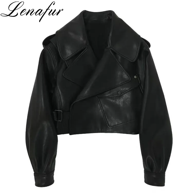 Autumn soft leather black coat casual women classic zipper short leather jackets