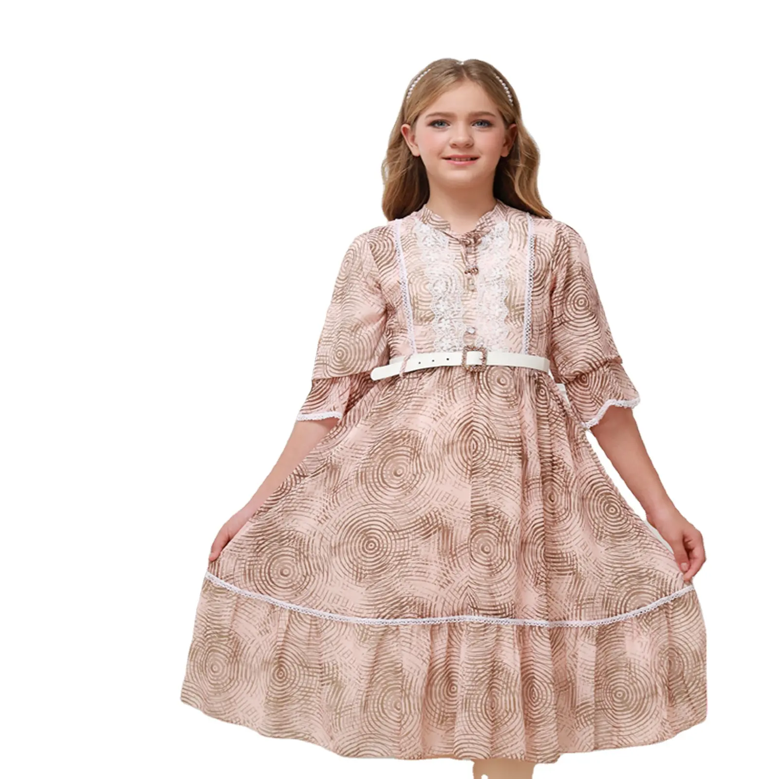 ग्रीष्मकालीन मुद्रित लड़कियों की स्कर्ट 2024 नई पोशाक मीठी आधी आस्तीन गोल गर्दन मध्य पूर्वी शैली बच्चों के परिधान