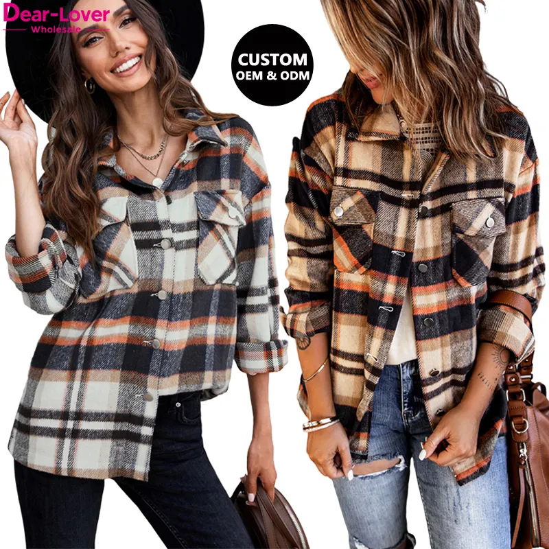 Thân Yêu-người yêu OEM ODM tùy chỉnh nhãn hiệu riêng bán buôn mùa đông phong cách flannel shacket phụ nữ hình học kẻ sọc áo khoác cho phụ nữ