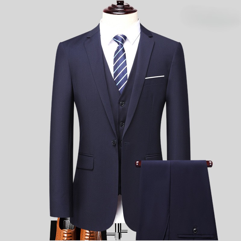 One-button navy blue jacket + vest + dress pants
