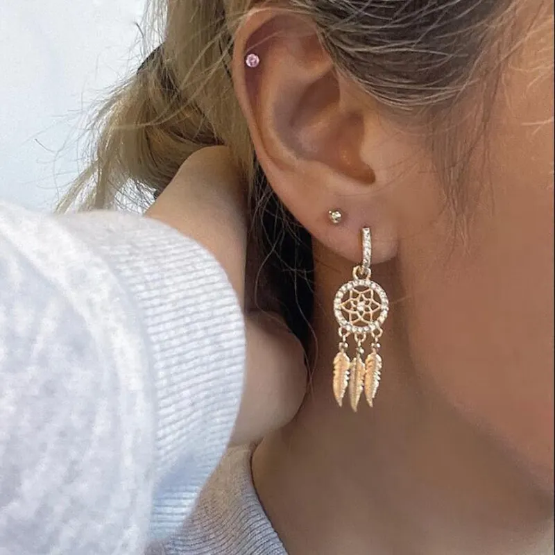 Boho zircone Huggie Hoop orecchini da donna placcato oro 18k alla moda in acciaio inox CZ pietra India Dream Catcher gioielli all'ingrosso