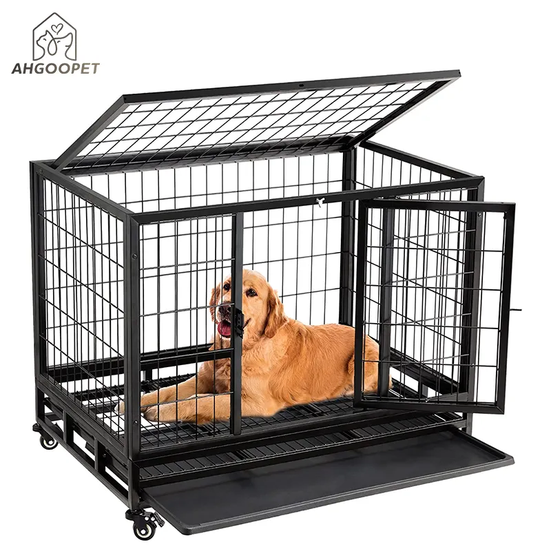סיטונאי באיכות גבוהה אחת שכבה כפולה דלת מתקפל כלב כלוב עם גלגלים בשימוש כלב כלוב למכירה