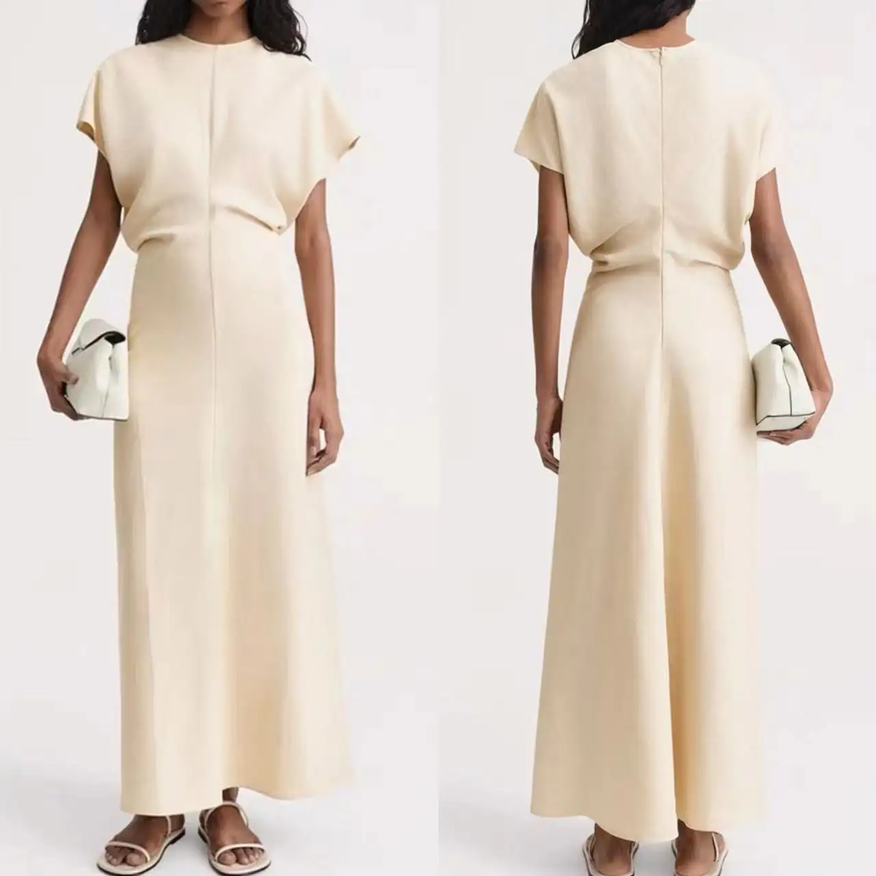 Donne di fascia alta elegante tinta unita misto lino viscosa vita impero una linea Design modesto abito lungo estivo