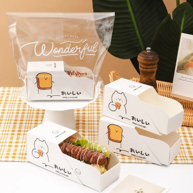 Personalizado descartável bonito cachorro quente almoço pão almoço sobremesa ovo gota sanduíche papel embalagem gaveta caixa para alimentos