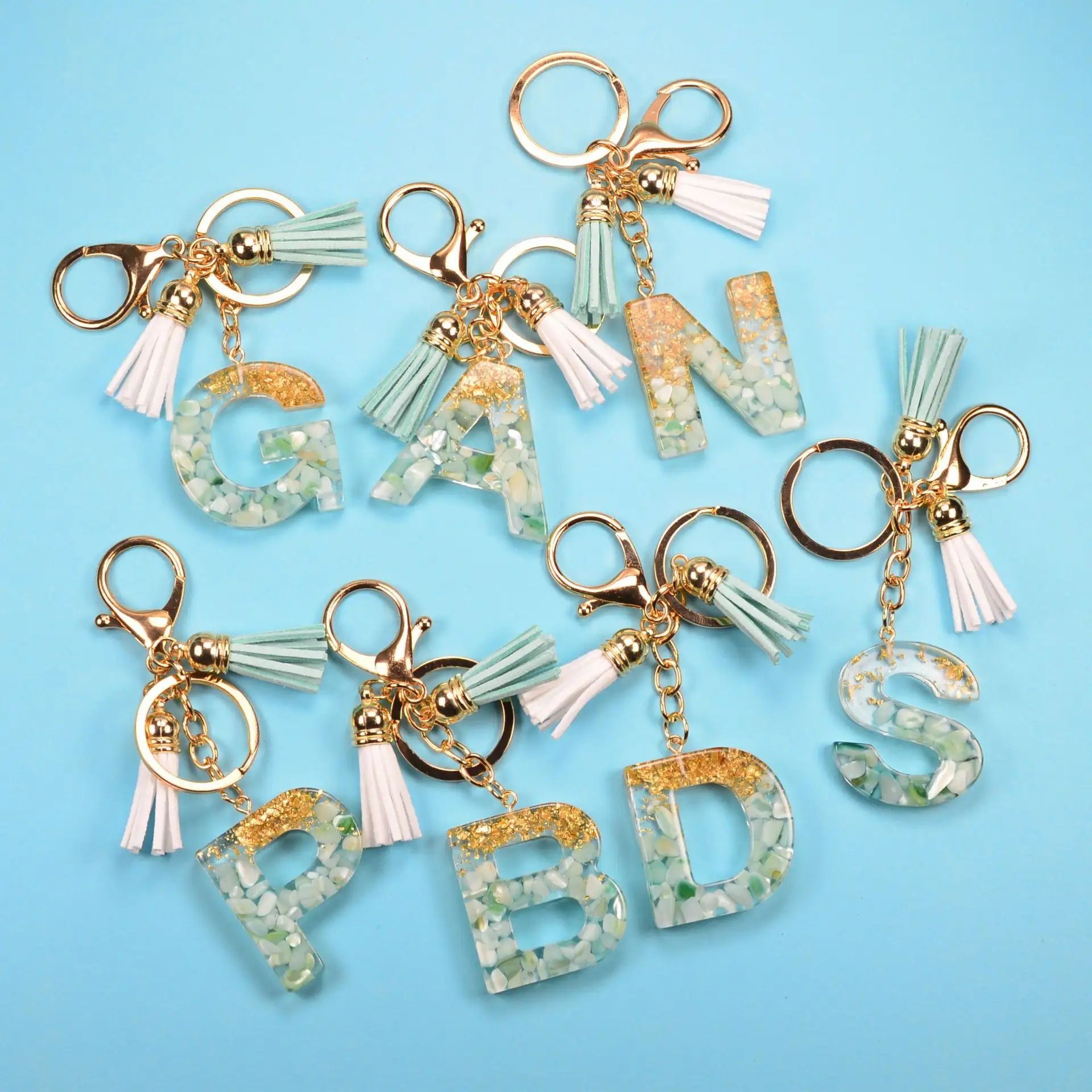 Handmade Xe Vòng Móc Chìa Khóa Đầy Màu Sắc Đá Thật Bảng Chữ Cái Nhựa Ban Đầu 26 Chữ Cái Tua Keychain