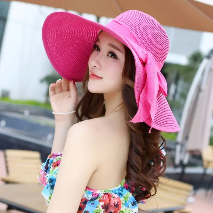 หมวกฟางของผู้หญิงหมวกฟางปีกกว้างกันแดดหมวกฟางสำหรับชายหาดฤดูร้อน