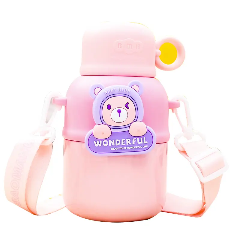 Bouteille d'eau STARLII Kawaii Bear pour enfant avec paille et bandoulière Bouteille d'eau portable étanche sans BPA pour enfant pour l'école