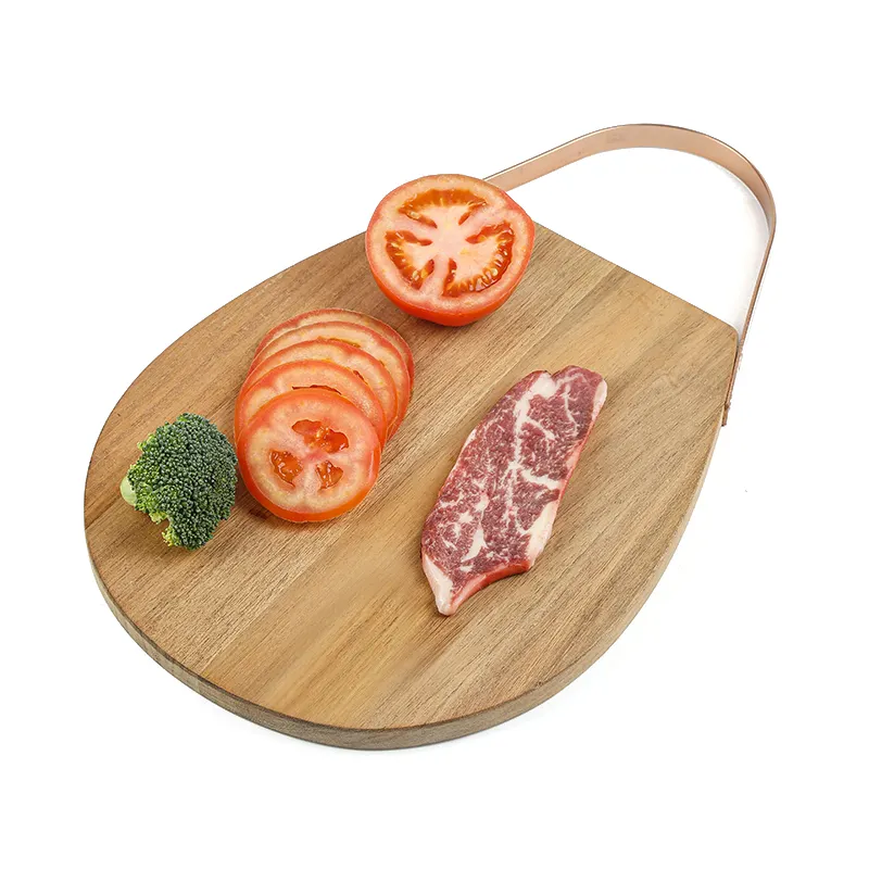 Teardrop Shape Wood Cutting Board Kitchen Food Chopping Blocks Acacia Wooden Serving Cheese Board with Golden Metal Handle