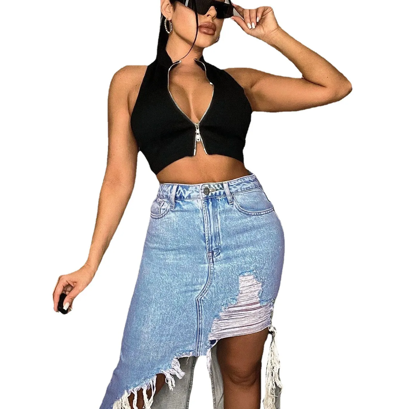 2023 femmes chaudes mode haut côté fente découpe déchiré asymétrique Maxi longue a-ligne Denim Streetwear INS jupe