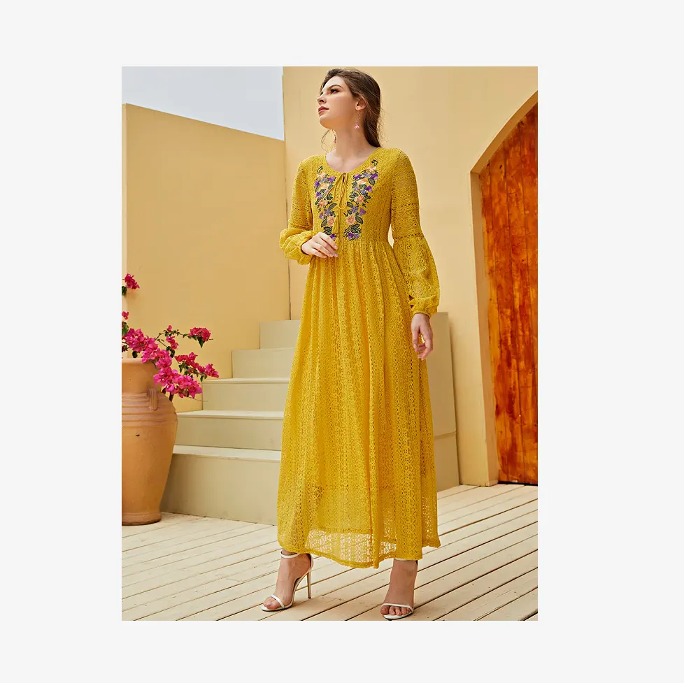 10% S-3XL Plus Size Women's Long Sleeve Embroidered Yellow Fashion Lace Korean Style Round Neck Urban Casual Ethnic Dress