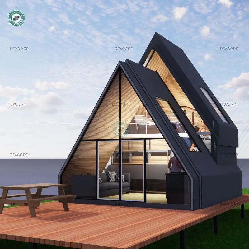 Chalet Desain Unik 30 Meter Persegi dengan Kabin Prefabrikasi Tempat Tidur Loteng Di Hutan Rumah Bingkai Di Spanyol
