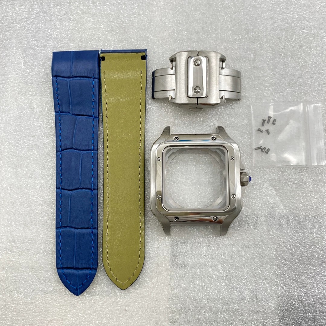 Boîtier argenté - Bracelet en cuir bleu