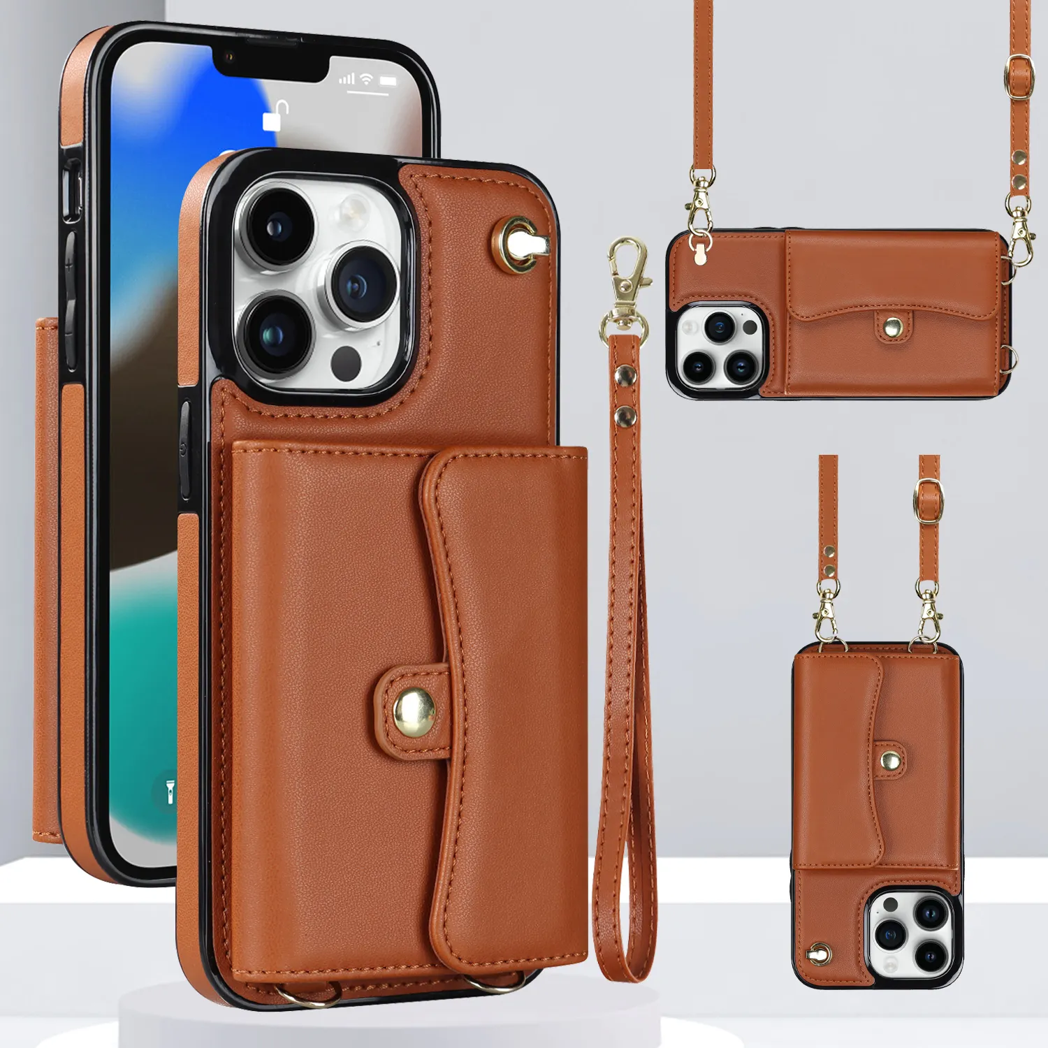 Luxus PU Leder Brieftasche Karten halter Cross body Handy tasche Abnehmbare Schulter gurt Handy hülle für iPhone und Samsung