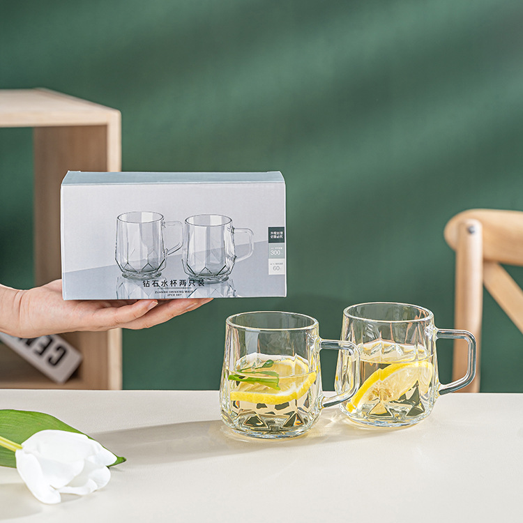 Clear Diamond Pattern Glass Cups (300ml each, Set of 2)