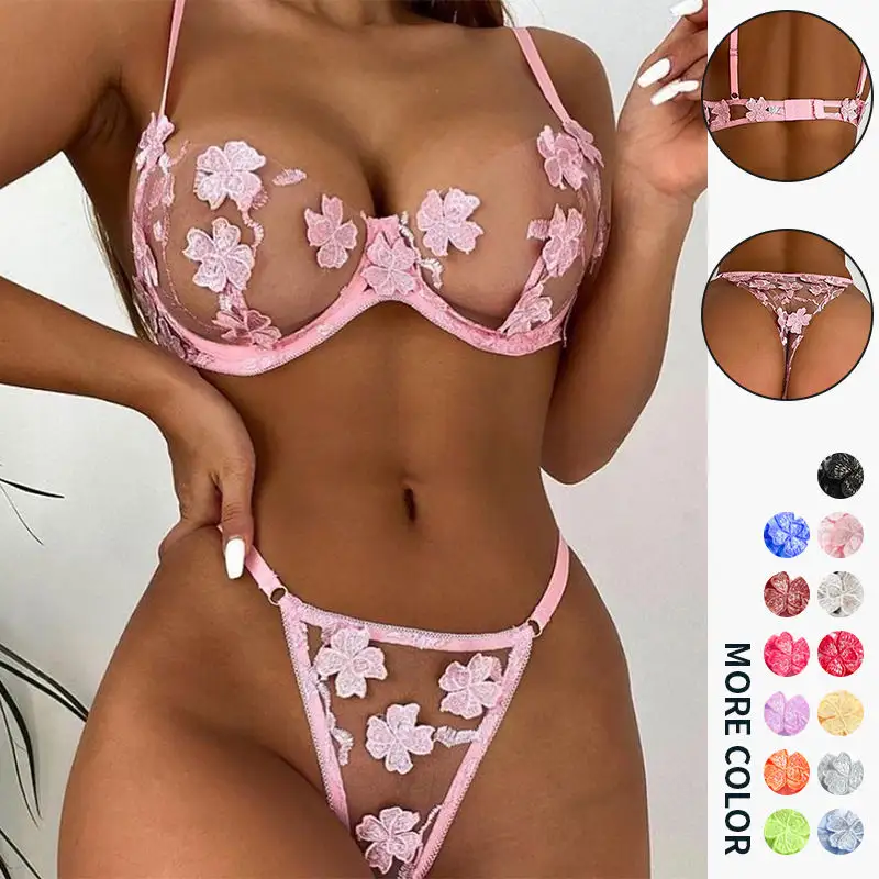 Conjunto de lingerie sexy com aplique bordado, roupa íntima de malha com sutiã e calcinha sexy, floral, atacado de fábrica, 2023