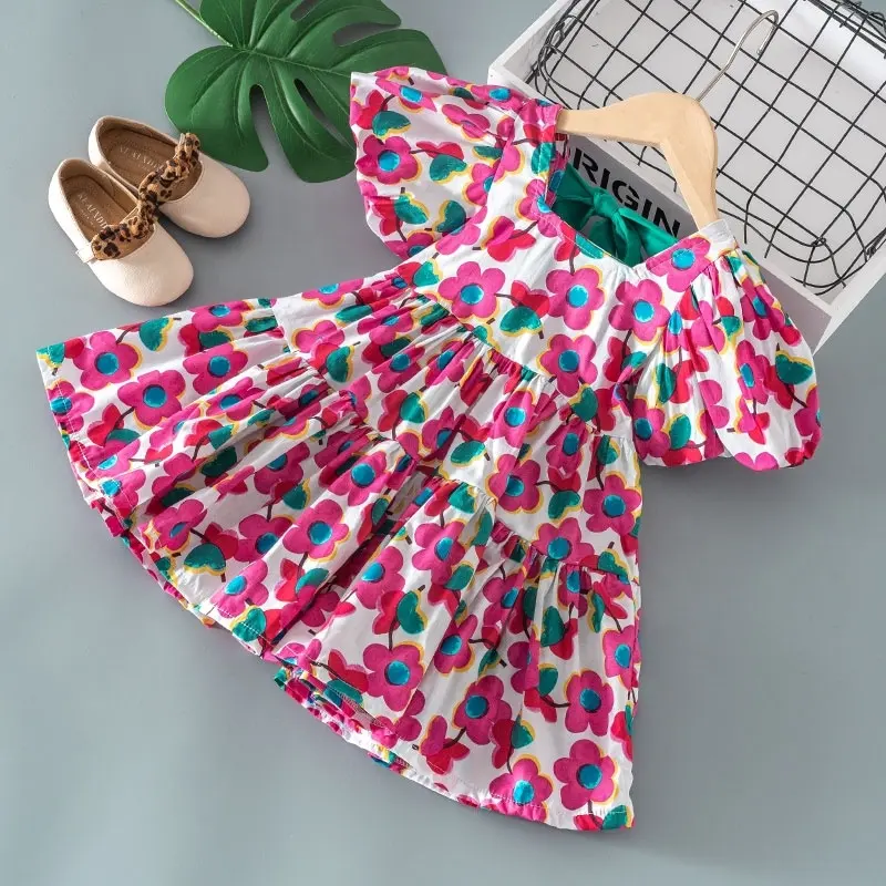 Children's Dress Prints Summer Kids Clothing Girls Party Dress Bow Sets Baby Girl Casual Lace Dress