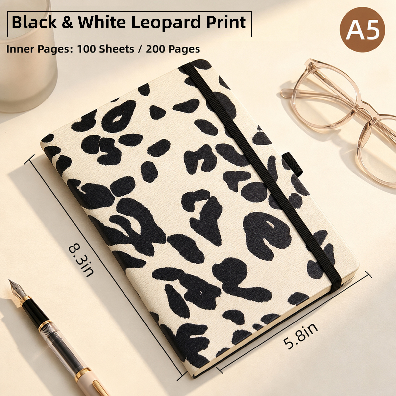 Copertina rigida con stampa leopardata nera, a5, 200 pagine