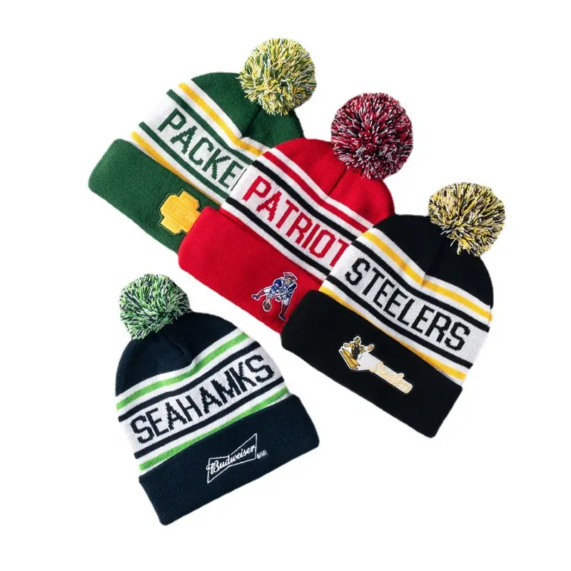 Football fans Jacquard knitted hat for men winter warm flanged embroidery logo knitted hat manufacturers custom
