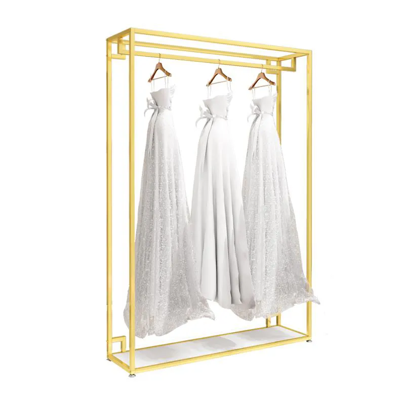 Soporte de Metal dorado para exhibir ropa, estante para exhibir ropa de boda, adornos de tienda comercial de novia