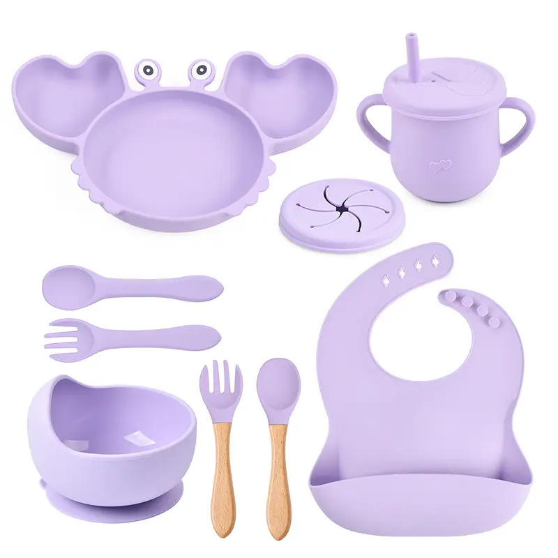 2023 nuovo Design BPA Free Food Grade Silicone bavaglino ciotola cucchiaio forchetta cena alimentatore Silicone Baby Feeding Set