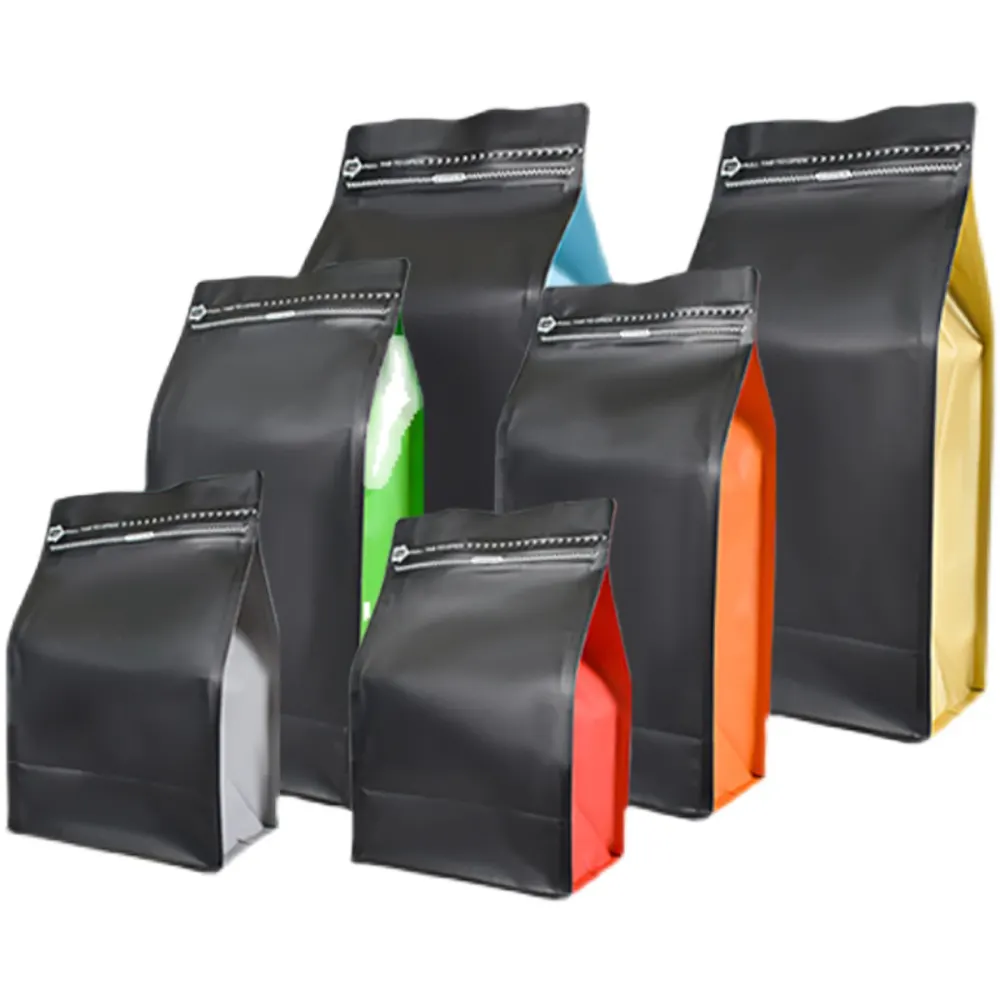 Foglio di alluminio nero opaco stampato personalizzato 100g 250g 500g 1kg 12 Oz sacchetto di caffè a fondo piatto in plastica con valvola