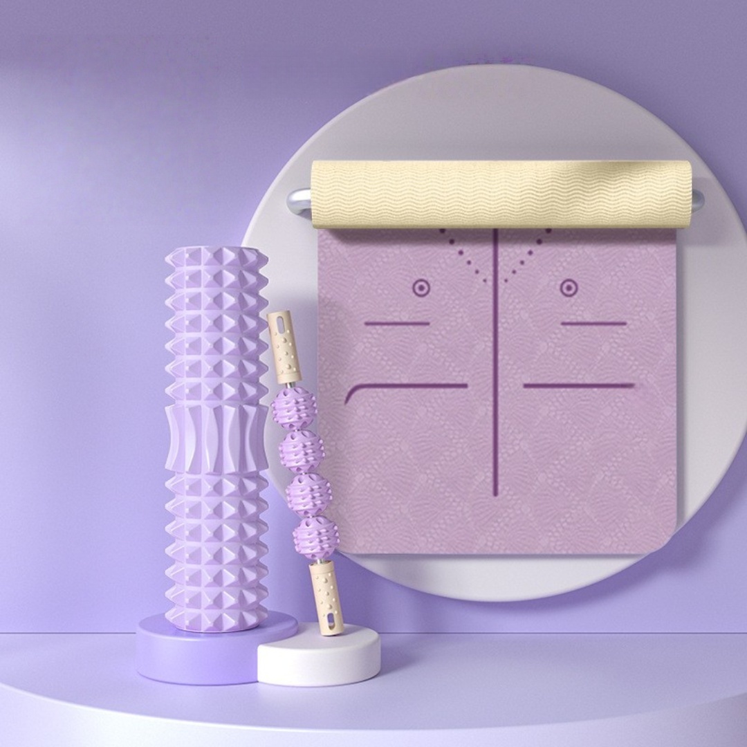 Purple yoga mat with lines+foam roller+massage stick