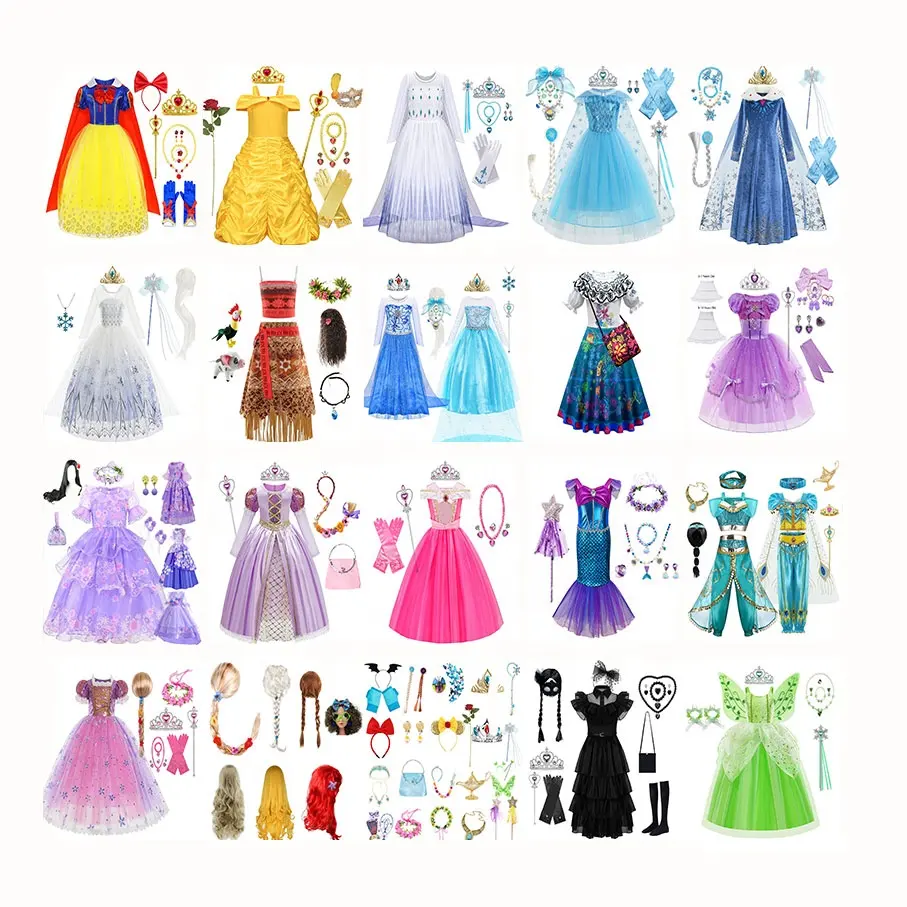 2024 Vestido Meninas Fantasia Elsa Anna Snow Belle Princess Dress Costume up Cosplay Festa de Aniversário Crianças Poliéster Opp Bag 2pcs