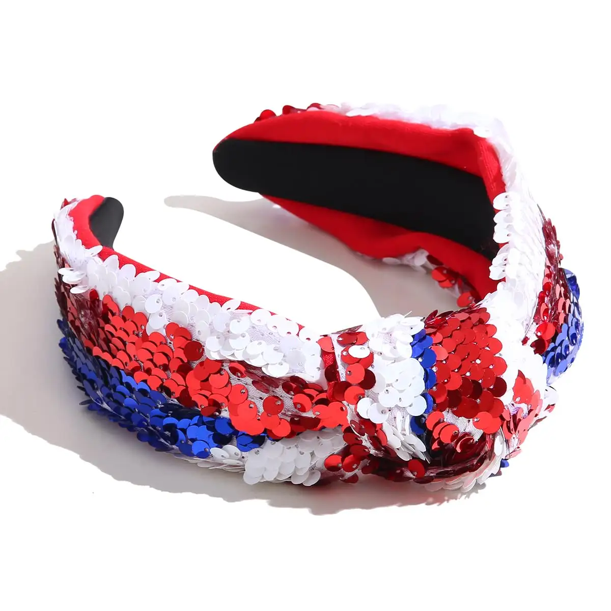 Diseñador de lentejuelas de lujo Rojo Blanco y azul Brillo Moda Anudada Banda para el cabello Bandera de EE. UU. Americana Lentejuela Diadema del Día DE LA Independencia