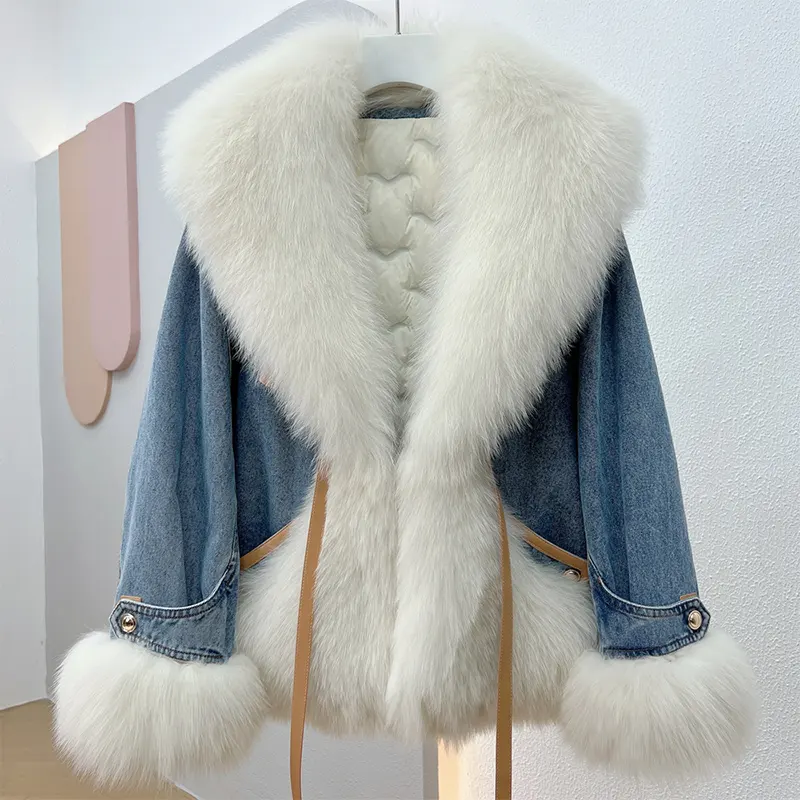 OFTBUY 새로운 겨울 유럽 미국 패션 진짜 여우 모피 네이비 칼라 코트 여성용 데님 구스 다운 재킷 엘레강트 스트리트웨어