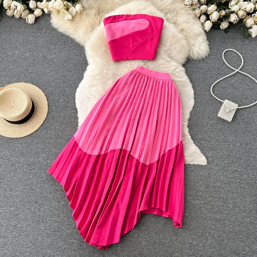 Two Piece Suit Women'S Summer Models Clash Color Bustier Top Irregular Pleated Half-Body Skirt 2 Pieces