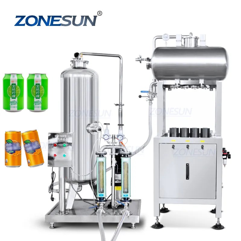 ZONESUN, máquina de Llenado de líquidos semiautomática de 4 cabezales, agua con gas, CO2, bebidas carbonatadas, latas de bebidas