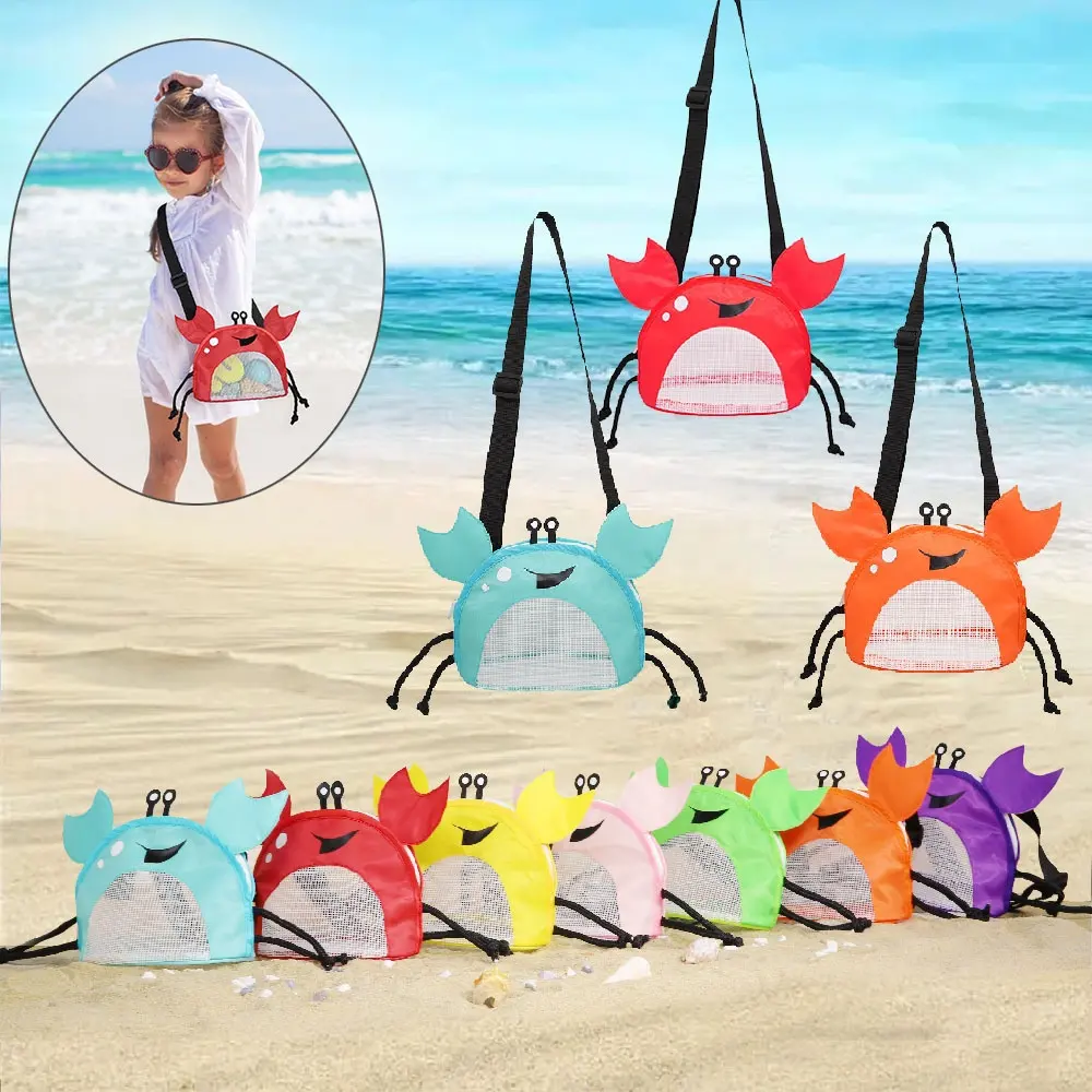 2024 Wholesale Summer Kids Travel Beach Mesh Bag Cartoon Crab Toy Storage Bag Children Shell Collecting Cute Bag