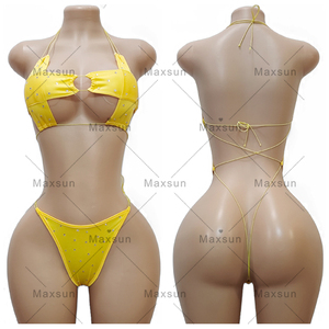 Maxsun Hip Hop Treinamento Dancewear Sexy Meninas Personalidade Anel Topo De Três Pontos De Biquíni Desenhar Cordas Gravata Hot Drill Split Swimsuit