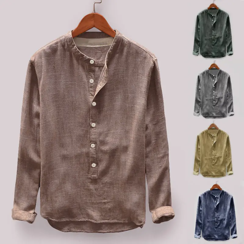 Grande cor sólida pulôver manga comprida gola em pé algodão camisa casual top kurta camisa dos homens