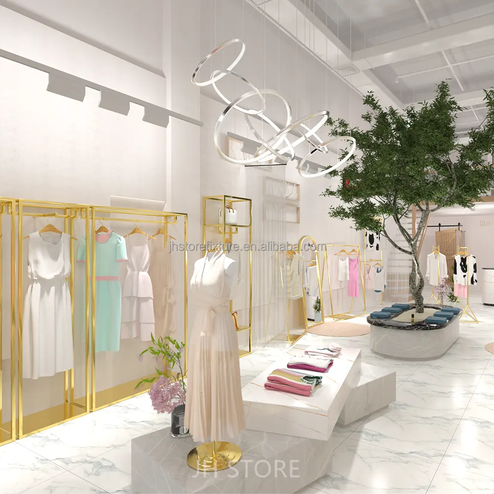 Estante de exhibición dorado personalizado para tienda de ropa, muebles de lujo para boutique