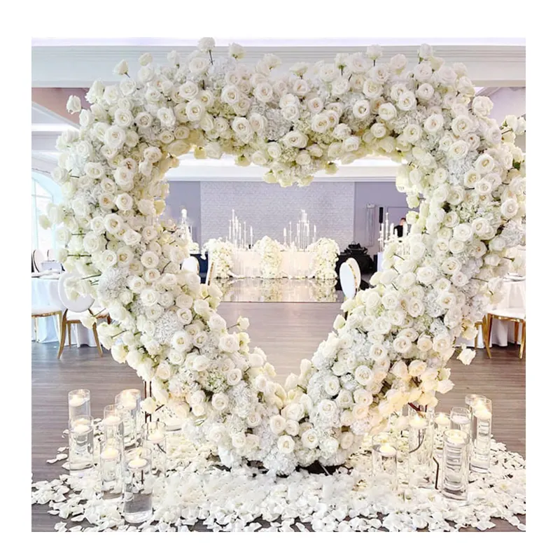 Artificial Rosa forma de corazón floral blanco redondo arco cuerno flores de seda decoración de la boda arco flor para la decoración del banquete de boda