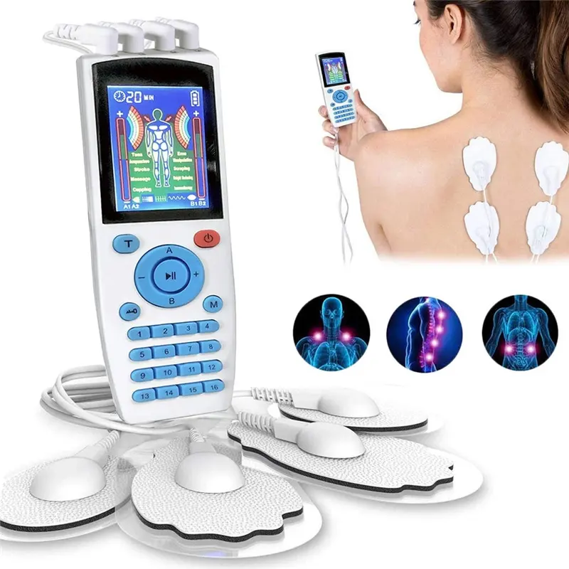 Alat Pijat Tubuh Terapi TENS 16 Mode, Perangkat Pijat Tubuh Perawatan Kesehatan Denyut Nadi Digital Stimulator Otot Saraf EMS Elektrik 4 Output