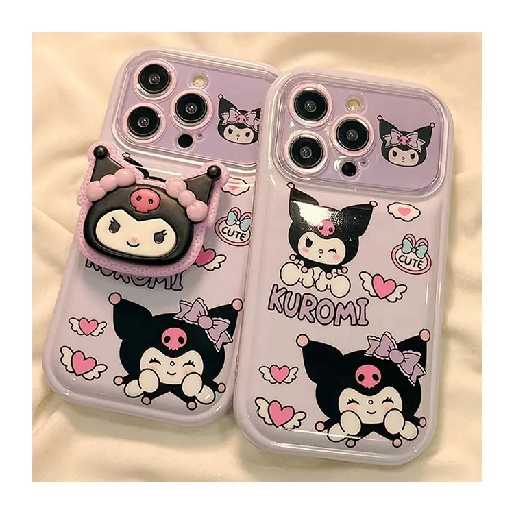 Casing ponsel boneka lucu, pelindung belakang HP kartun 3D Kuroming berdiri Anime untuk iPhone 15 14 Pro Max 13 11 12 XS XR