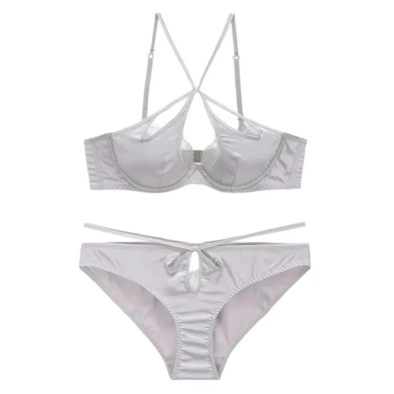 Set di reggiseno e mutandine in raso e reggiseno sexy in pizzo sexy trasparente di moda all'ingrosso della fabbrica