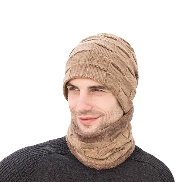 2021 último diseño de bloques de los hombres de invierno de punto sombrero de dos piezas de moda de viento cálido orejeras sombrero conjuntos