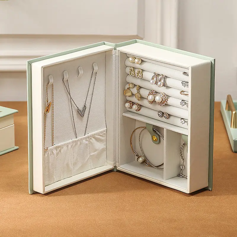 Organizador de joyas de estilo libro, caja de embalaje de terciopelo de papel de lujo, soporte de joyería, caja de anillo para pendientes