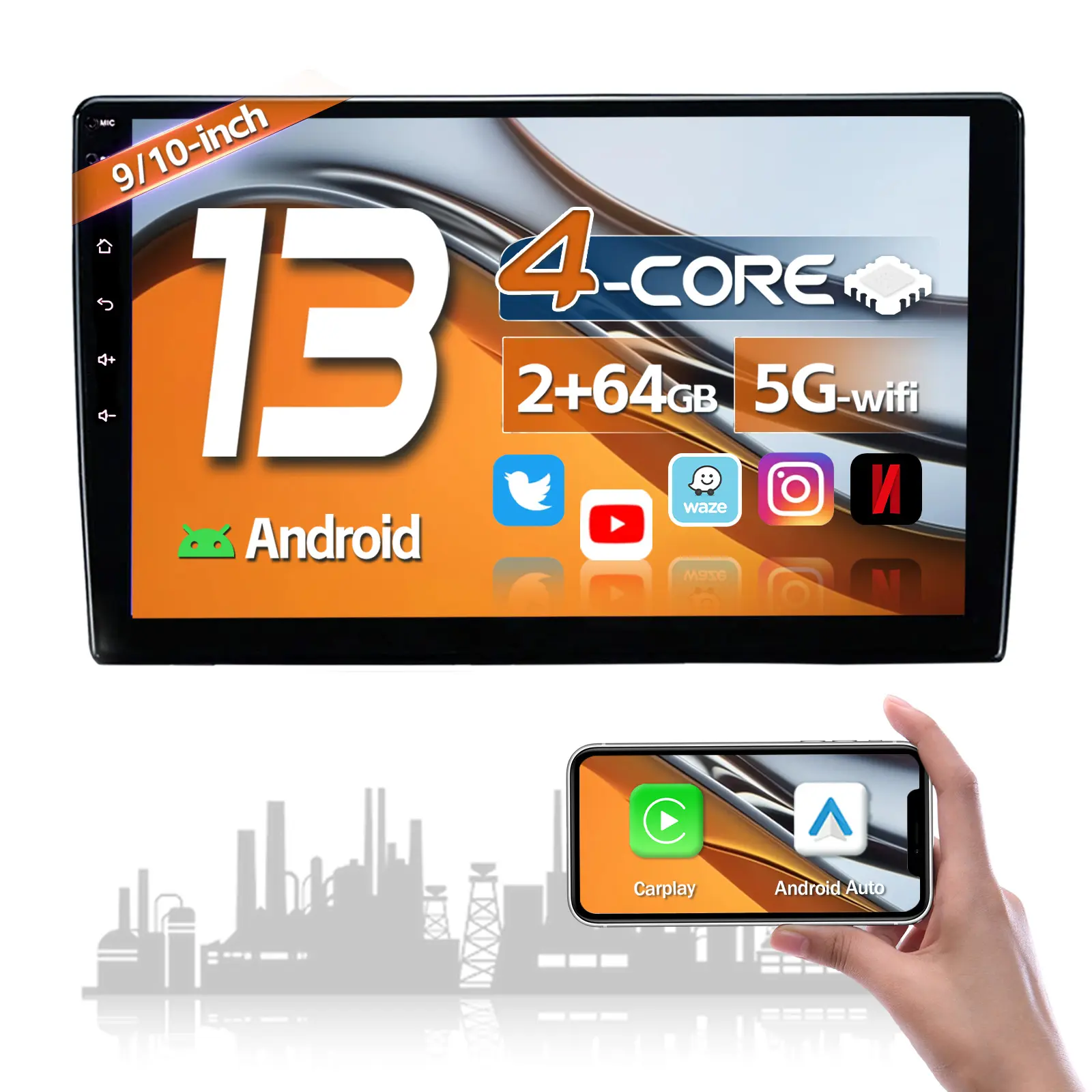 Stereo 2 + 64g Android 13.0 Painel de Rádio Do Carro Navegação GPS Carplay Multimedia Player CN326 4 Core Universal Simple Soft KS 9"