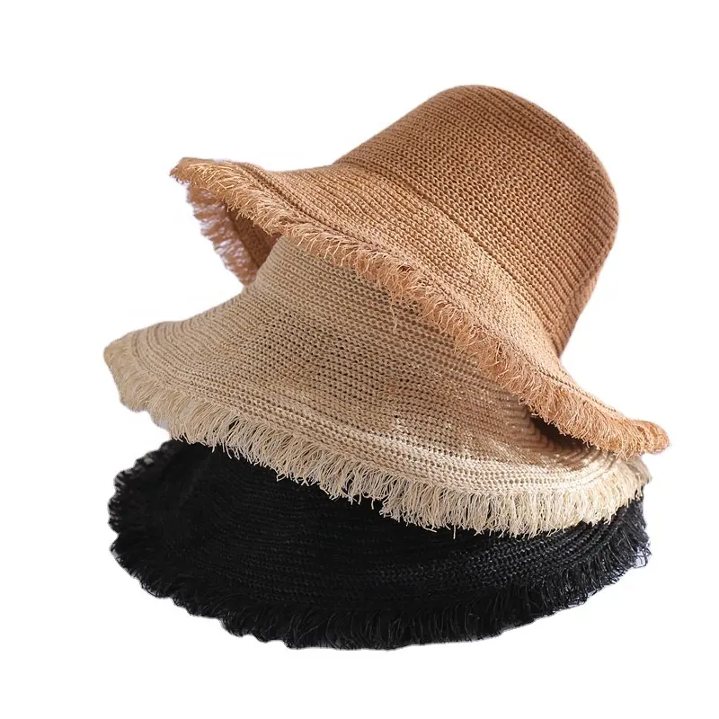 Chapéu de sol feminino feito à mão, chapéu de palha de rapia para praia e férias ao ar livre, chapéu de verão fashion feminino, aba grande, chapéu de sol plano