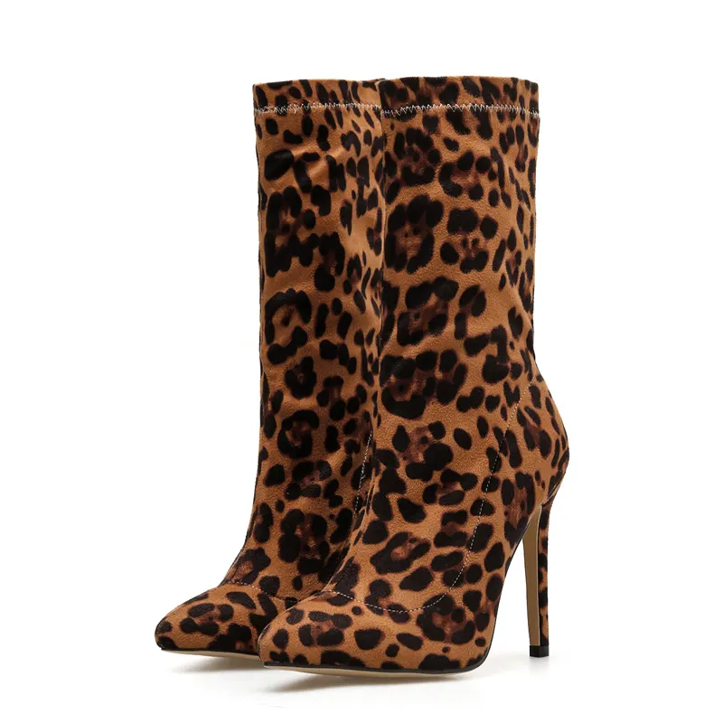 Bottines pointues en caoutchouc imprimé léopard pour femme, chaussures à talons hauts, cheville sexy, nouvelle collection 2020
